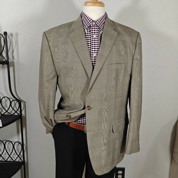 Chaps Men's Sport Coat Blazer Two Button Light Brown Plaid Polyester Blend‎ 48R - Picture 1 of 15